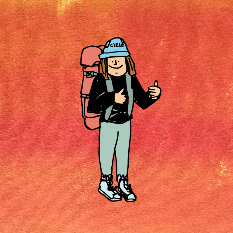 un dessin d'une fille avec un sac à dos et son pouce en l'air sur un fond orange