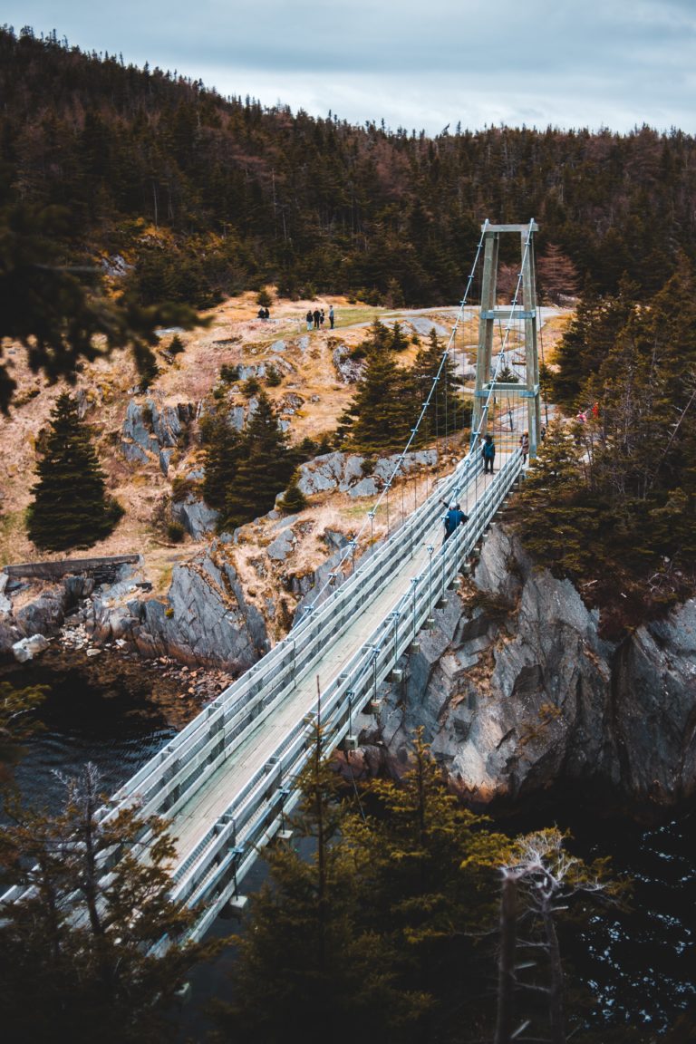 Un pont suspendu gris en nature vue d’en haut.