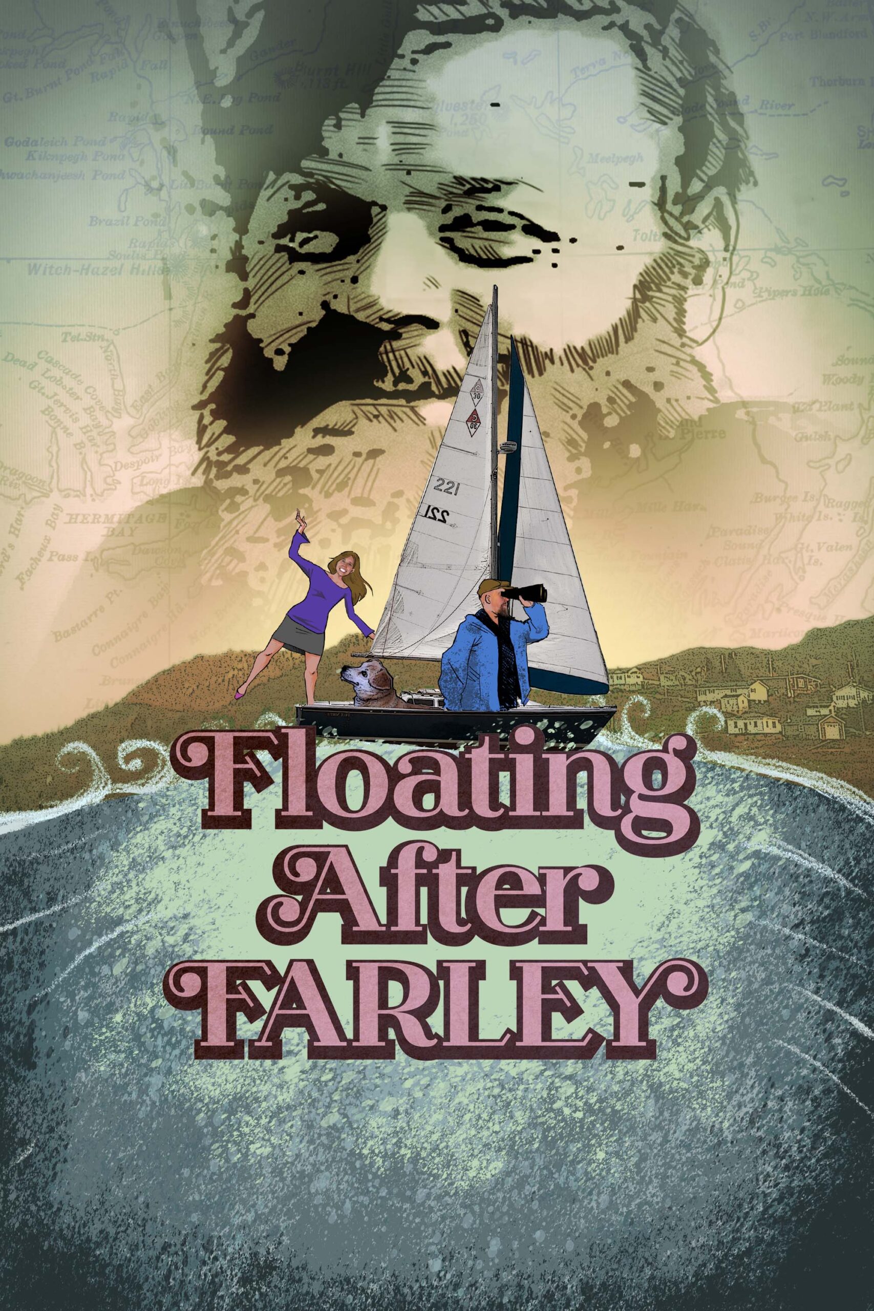 Une affiche d'émission de télévision avec le titre au centre: Floating after Farley. En haut est un dessin d'un homme avec une barbe, au centre et bas est un voilier sur de l'eau bleue.
