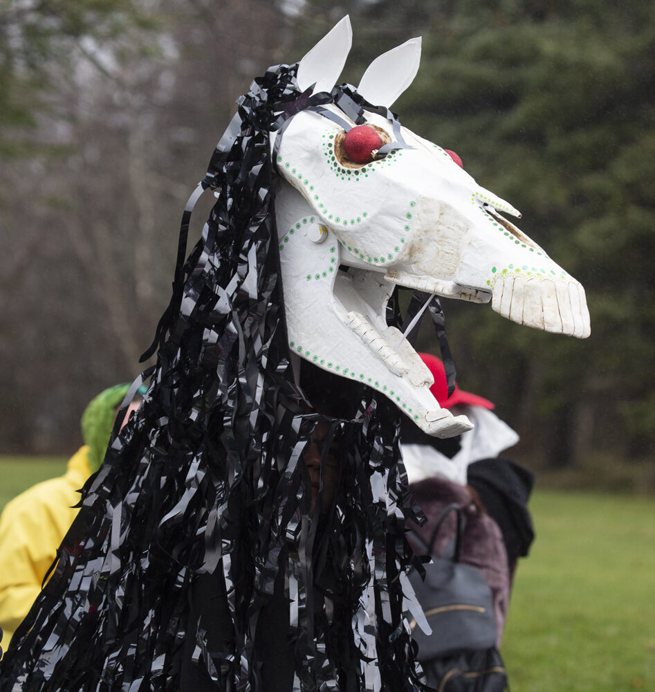 Une personne tient une tête de cheval en bois blanc avec des yeux rouges, le corps du cheval est du tissue noir et gris qui recouvre le mummer. L'arrière-plan est du gazon et des arbres verts.