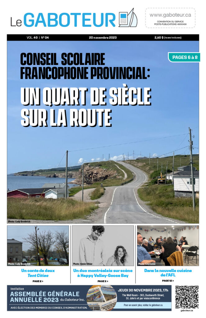 La UNE de l'édition du 20 novembre 2023 du journal de langue français de Terre-Neuve-et-Labrador, Le Gaboteur