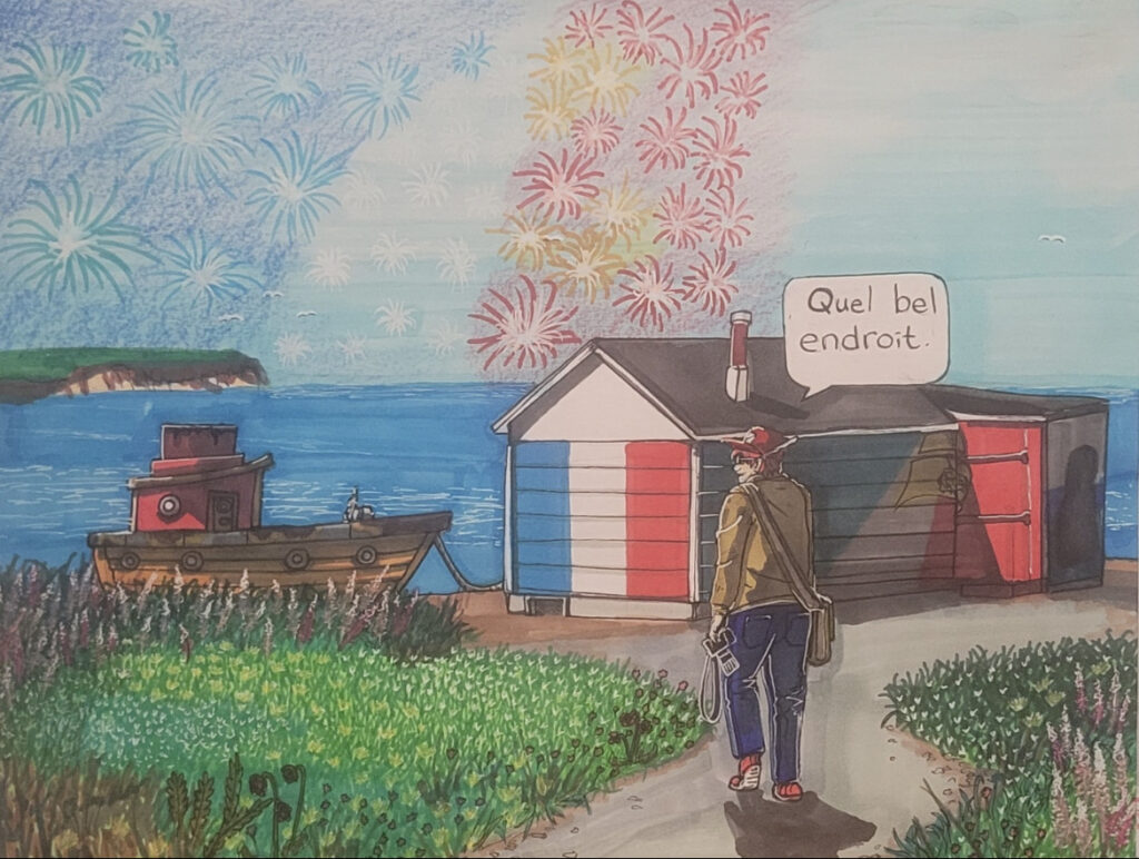 Une bande dessinée représentant un journaliste marchant vers un bateau et une cabane peinte en rouge, bleu, blanc et jaune. En arrière-plan, des feux d'artifice au-dessus de l'océan et d'une île.